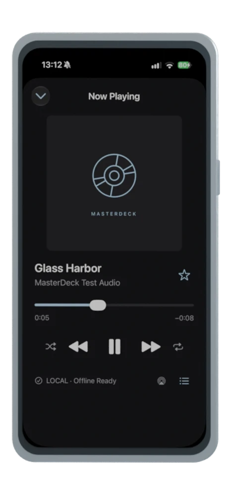 MasterDeckの実際の再生画面。オフラインのテスト音源を表示。